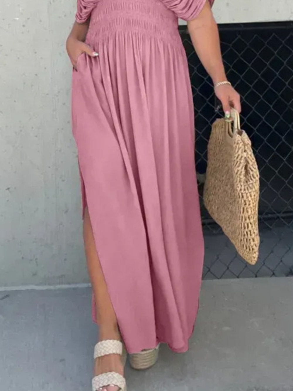 Boho V-Neck Pink Maxi Dress with Smocked Waist- Full & Plus Sizes - Picture 3 of 5